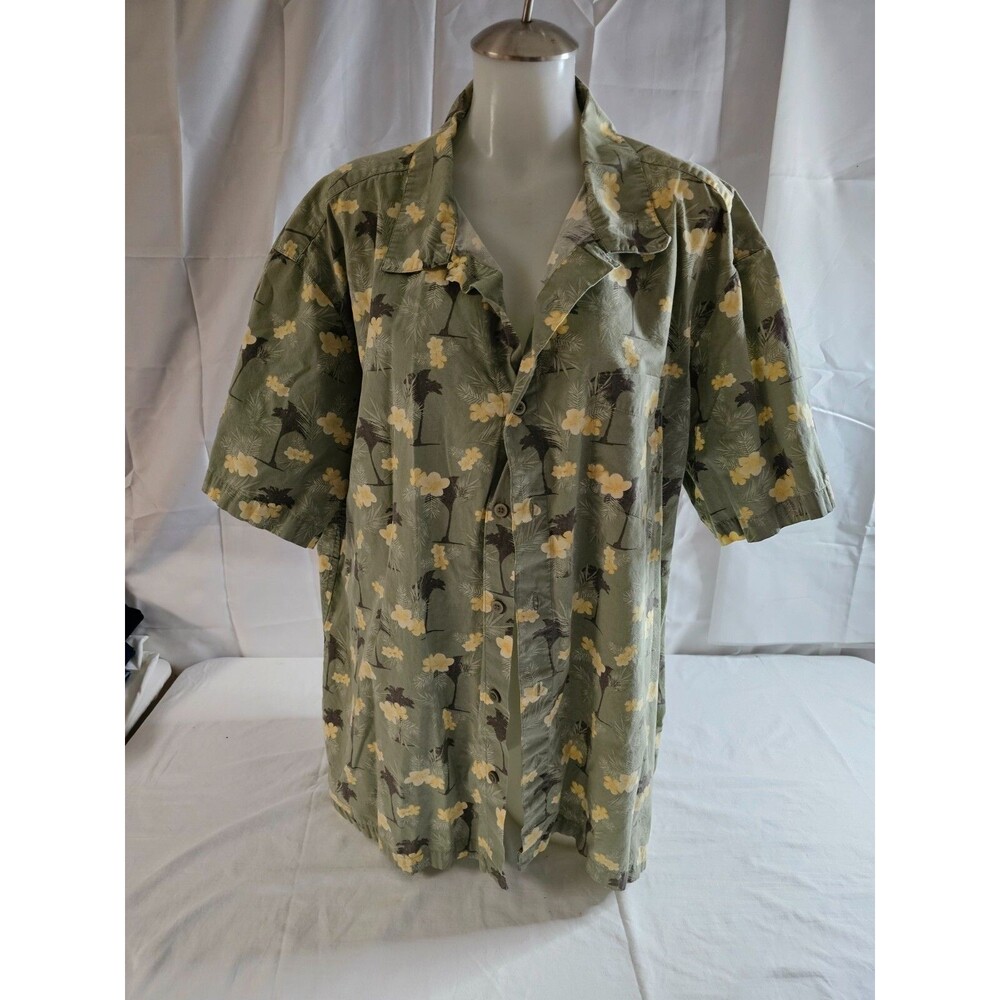Trader Bay Shirt Men's XXL Green Yellow Floral Beach Hawaiian Cotton